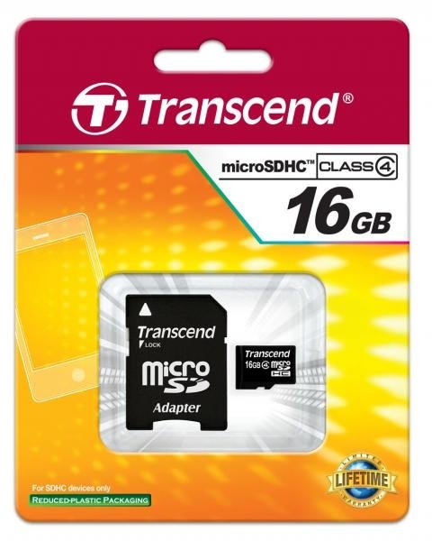16 GB Transcend Micro SD Memory Card + Adattatore SD, CLASSE 4