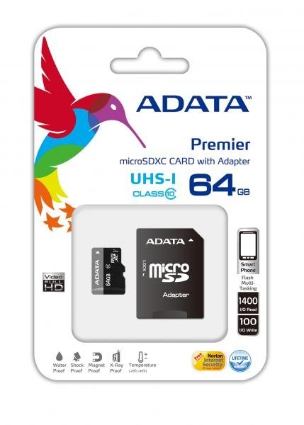 Scheda Micro SD ADATA 64 GB + Adattatore SD, CLASS 10