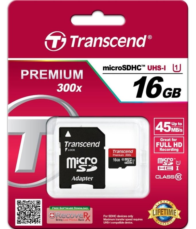 16 GB Transcend Micro SD Memory Card + Adattatore SD, CLASSE 10