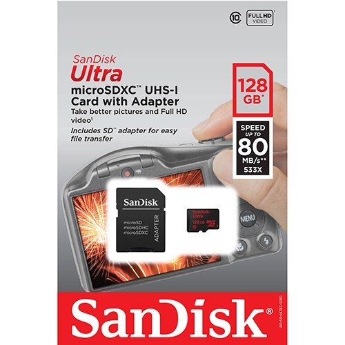 Scheda di memoria SanDisk Ultra Micro da 128 GB + adattatore SD CLASSE 10