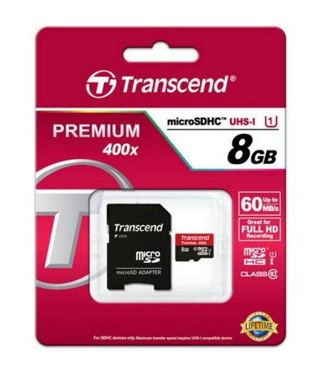 Scheda di memoria Micro SD Transcend da 8 GB + adattatore SD, CLASSE 10