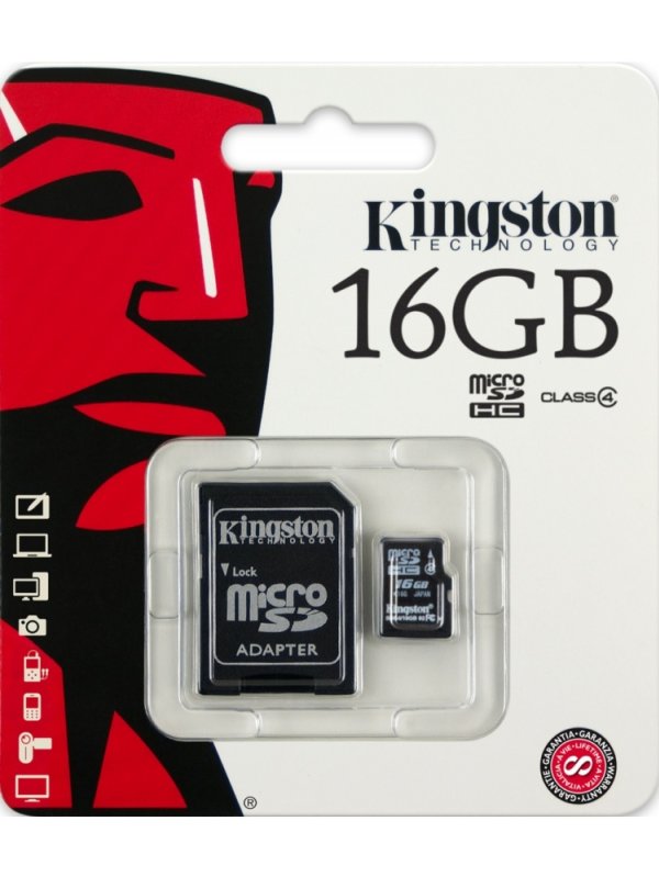 Scheda di memoria micro SD Kingston da 16 GB + adattatore SD, CLASSE 4