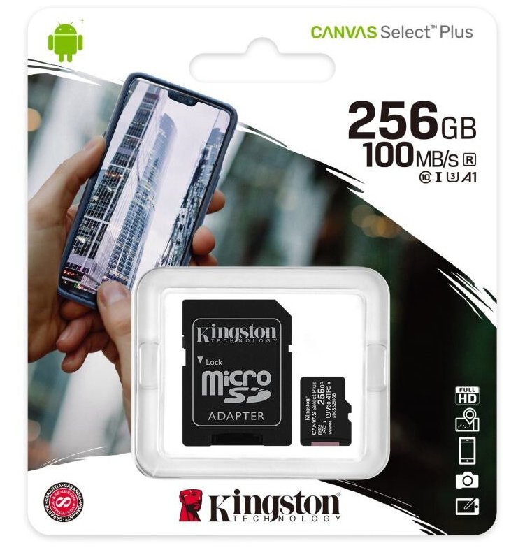 Scheda di memoria Micro SD Kingston CANVAS Select Plus 256GB con adattatore SD, Classe 10