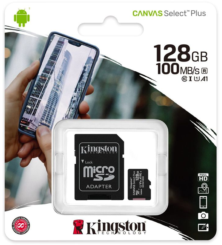 Scheda di memoria Micro SD Kingston 128GB con adattatore SD, Classe 10