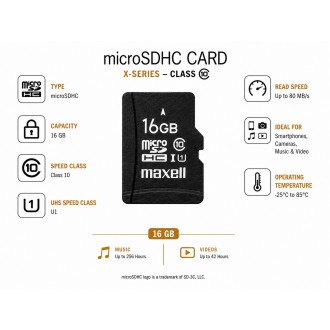 Scheda di memoria microSDHC Maxell X-SERIES da 16 GB con adattatore SD, Class 10