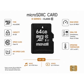 Scheda di memoria microSDXC Maxell X-SERIES da 64 GB con adattatore SD, Class 10