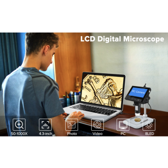 Microscopio digitale a LED con fotocamera e display da 4,3" con ingrandimento 50-1000×