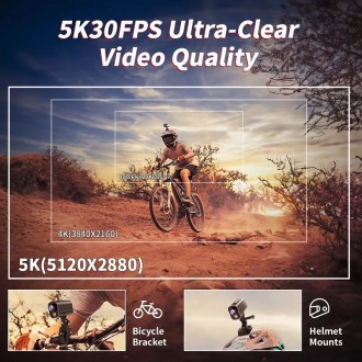 Telecamera per bicicletta Wi-Fi 5K sportiva con luce LED da 3W e stabilizzazione a 6 assi