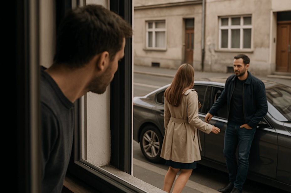 Muž sleduje z okna svoju ženu, ktorá sa stretáva s iným mužom