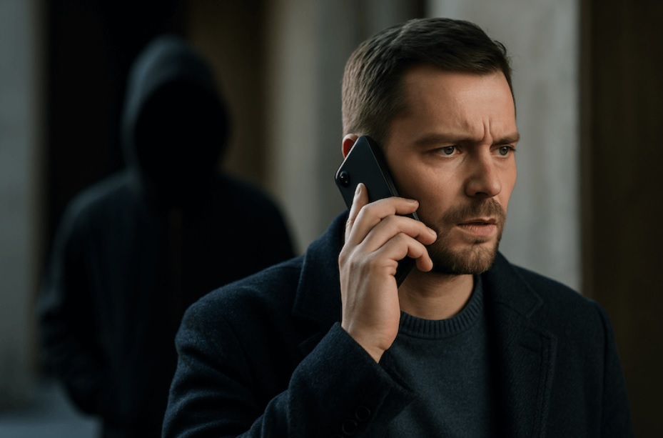 Un uomo che sta telefonando e una persona lo sta pedinando