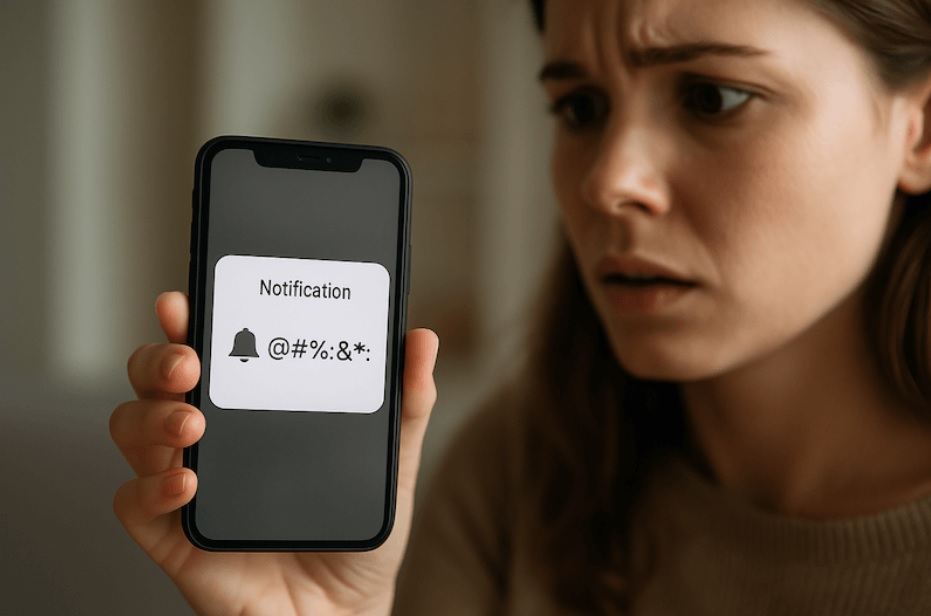 na donna spaventata a cui è arrivata sul telefono una notifica illeggibile