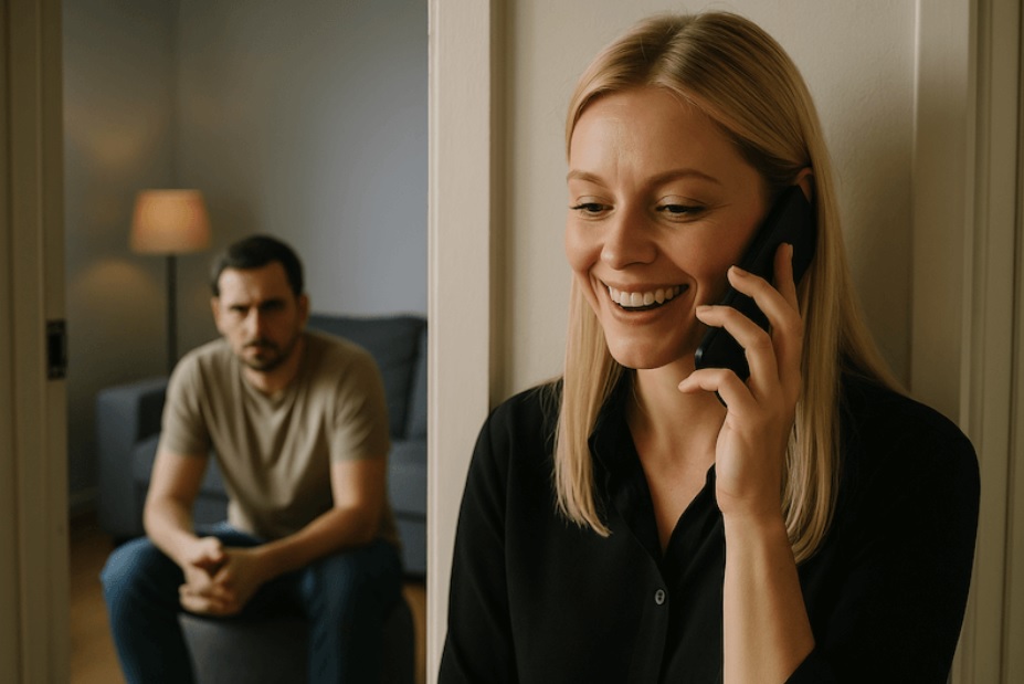 Žena potajomky telefonuje v inej miestnosti
