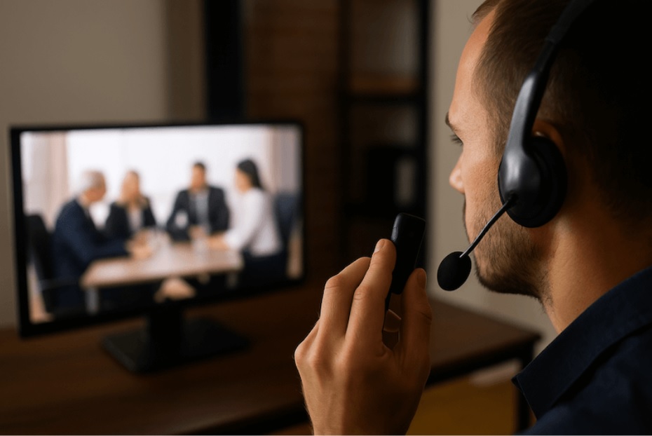 Un uomo sta monitorando e ascoltando la conversazione di altre persone su un monitor