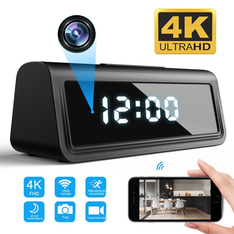 orologio da tavolo con telecamera Wi-Fi 4K nascosta