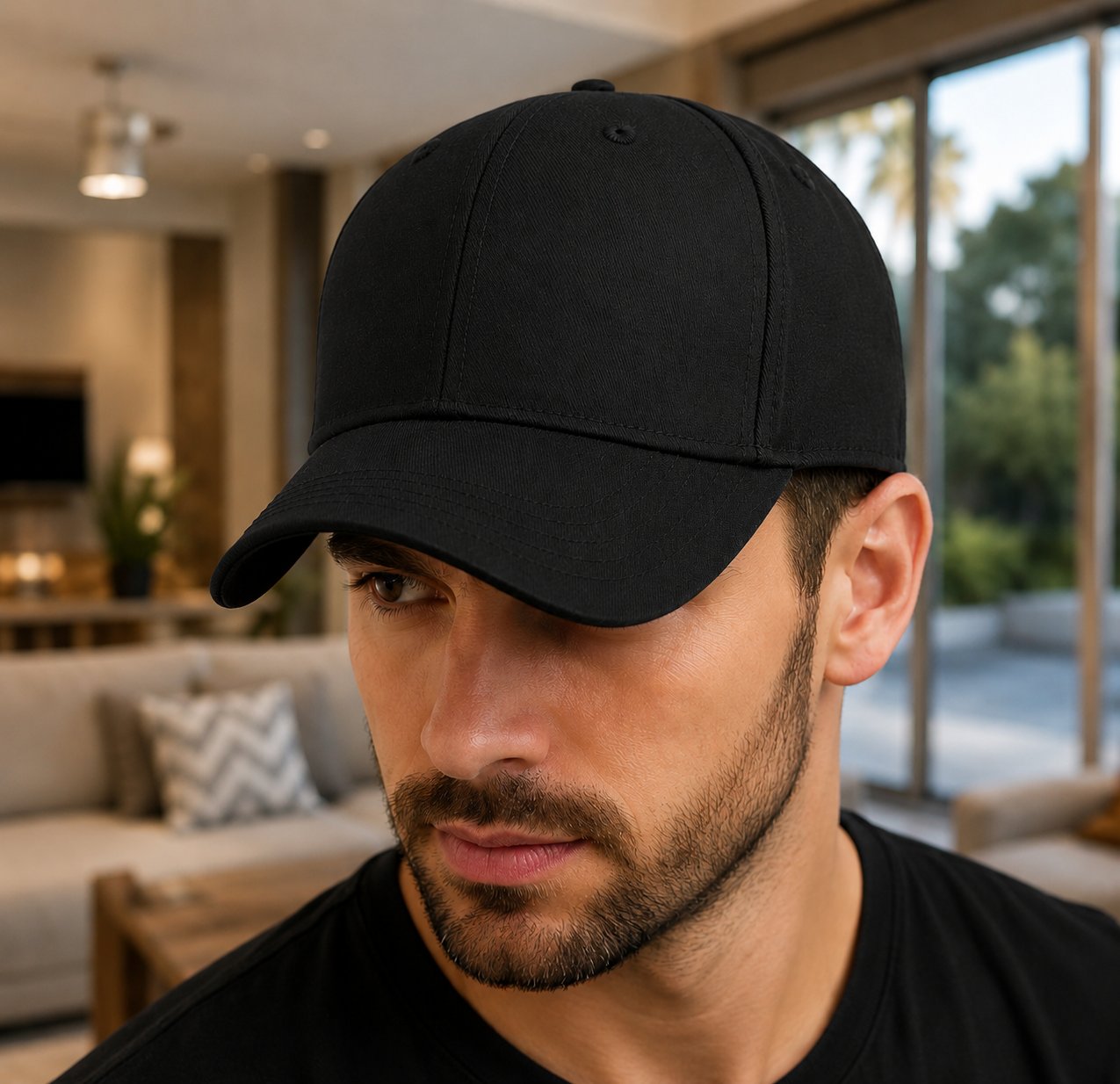 Uomo con telecamera nascosta in un cappellino nero