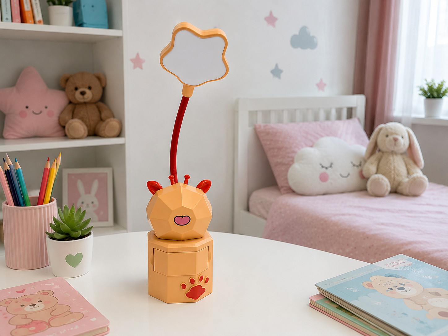 Telecamera nascosta all’interno di una lampada arancione per bambini finta, appoggiata su un tavolo