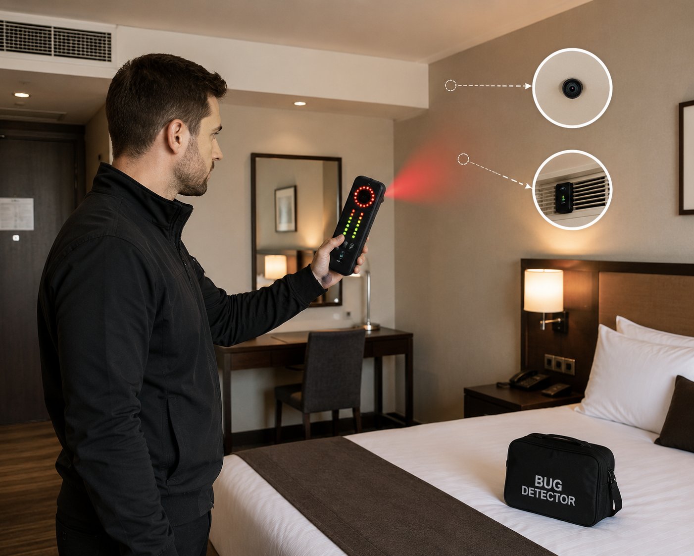 Rilevatore di telecamere nascoste e dispositivi di ascolto durante il controllo di una camera d’hotel.