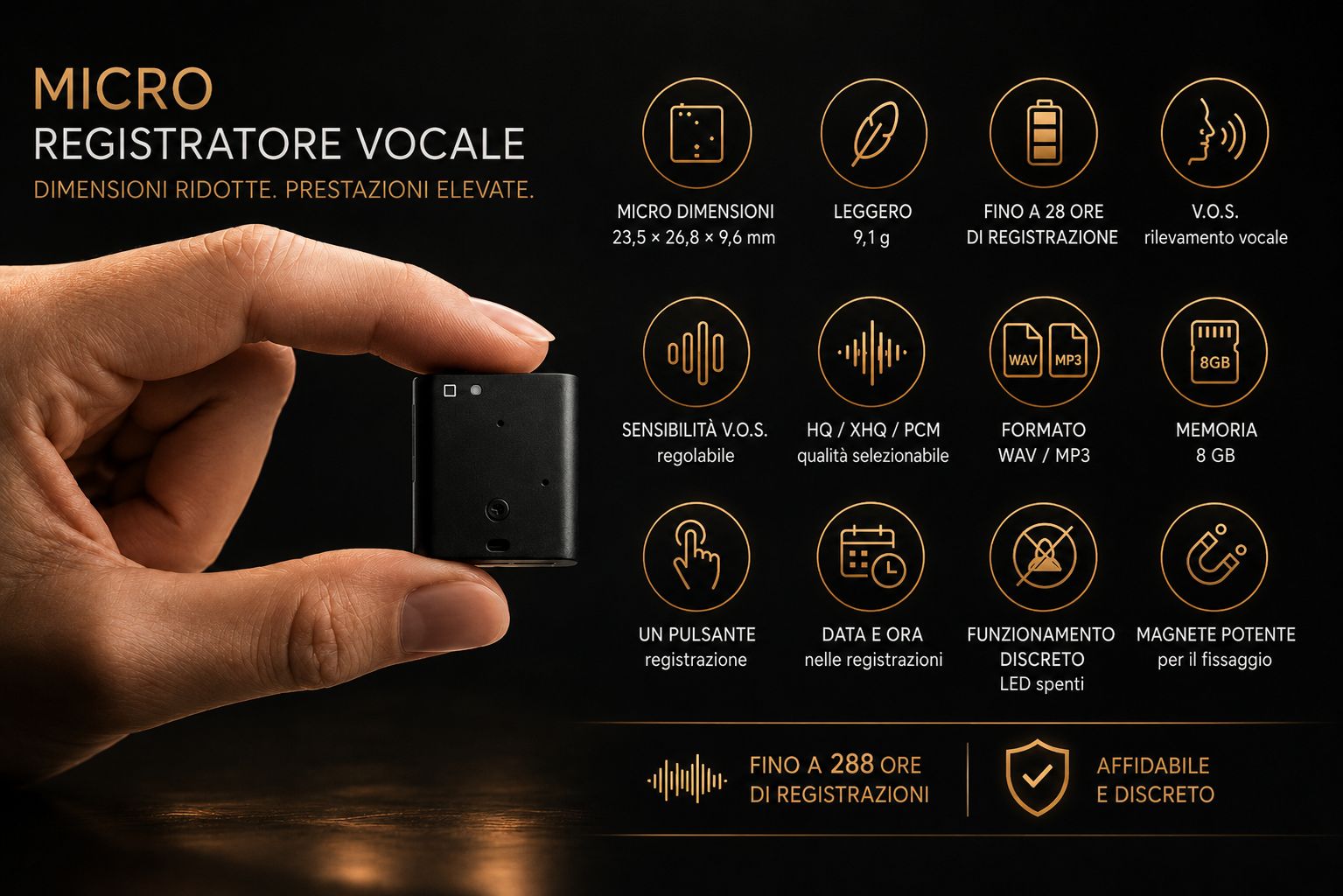 Registratore vocale miniaturizzato ESONIC MR-150 con icone delle principali funzionalità e dimensioni ultra compatte.