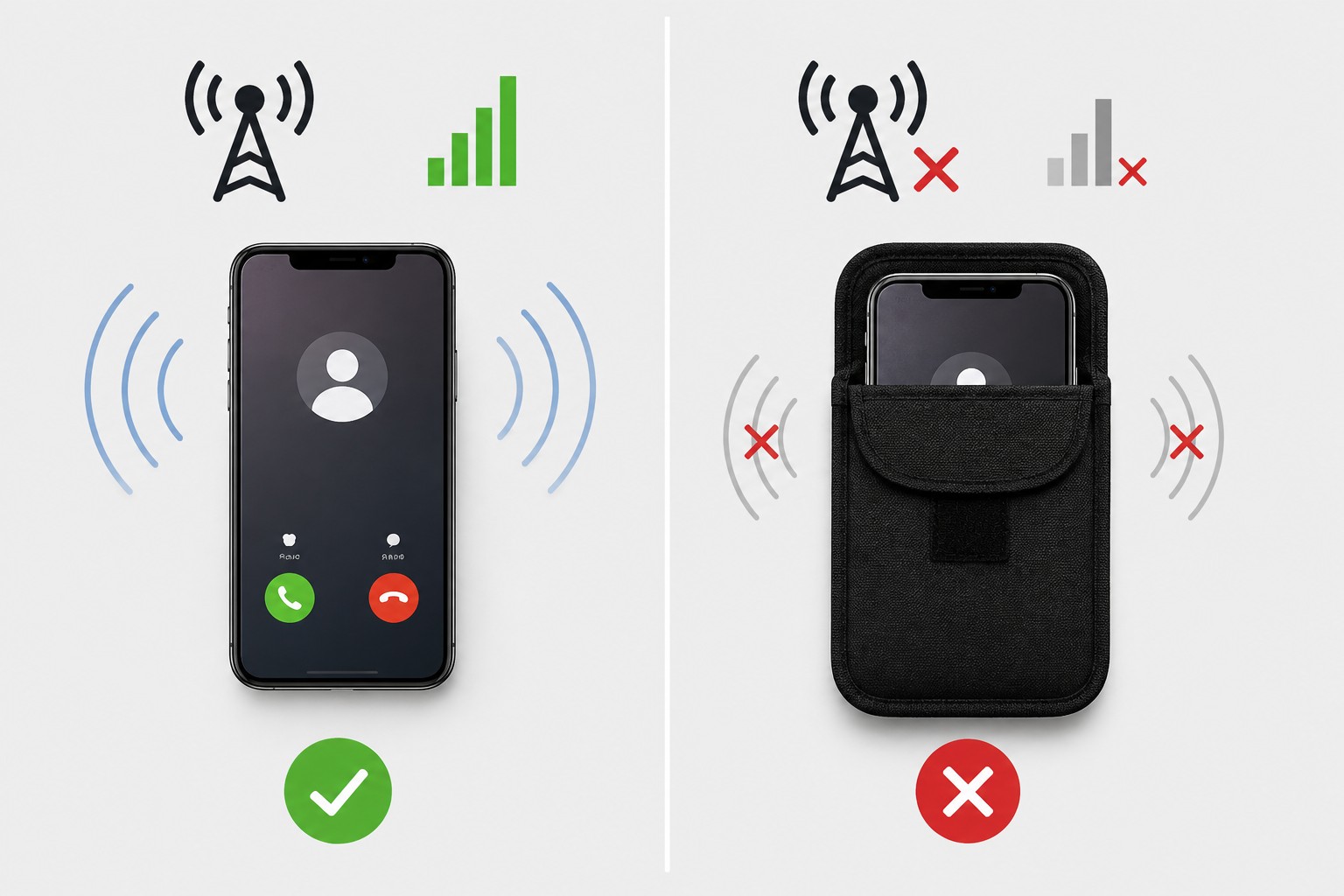 Confronto tra un telefono cellulare con segnale e un telefono inserito in una custodia protettiva che blocca la connessione mobile.
