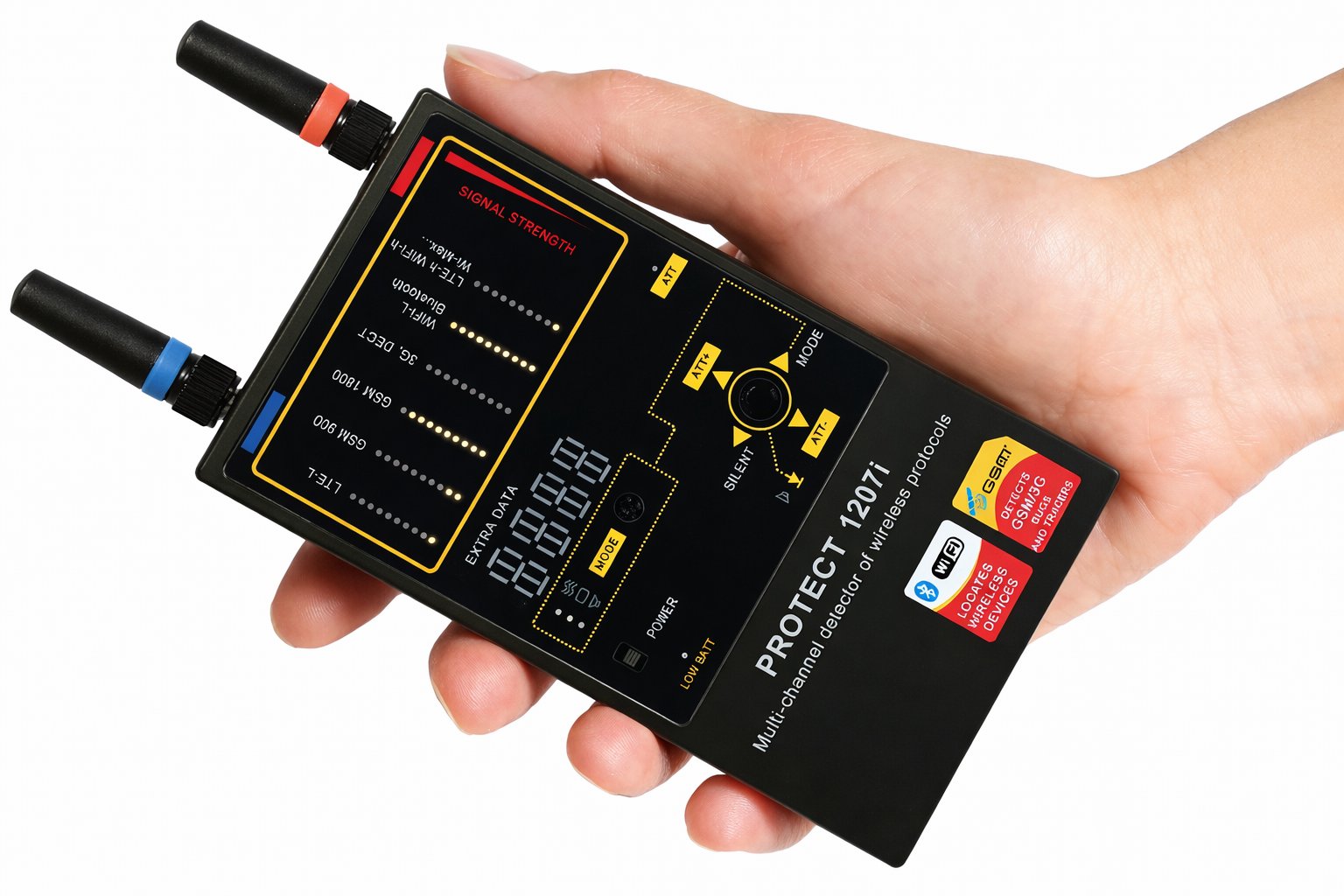Rilevatore professionale di segnali wireless Protect 1207i in mano