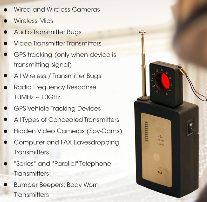 Rilevatore di telecamere nascoste, rilevatore di microspie, rilevatore GPS, rilevatore RF, rilevatore di dispositivi di sorveglianza e rilevatore di telecamere nascoste DD802