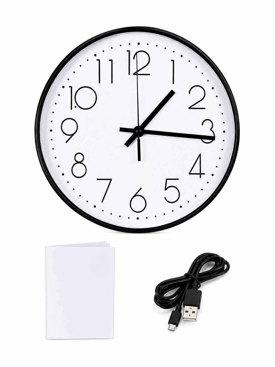 Orologio da parete con cavo USB e manuale d’uso.