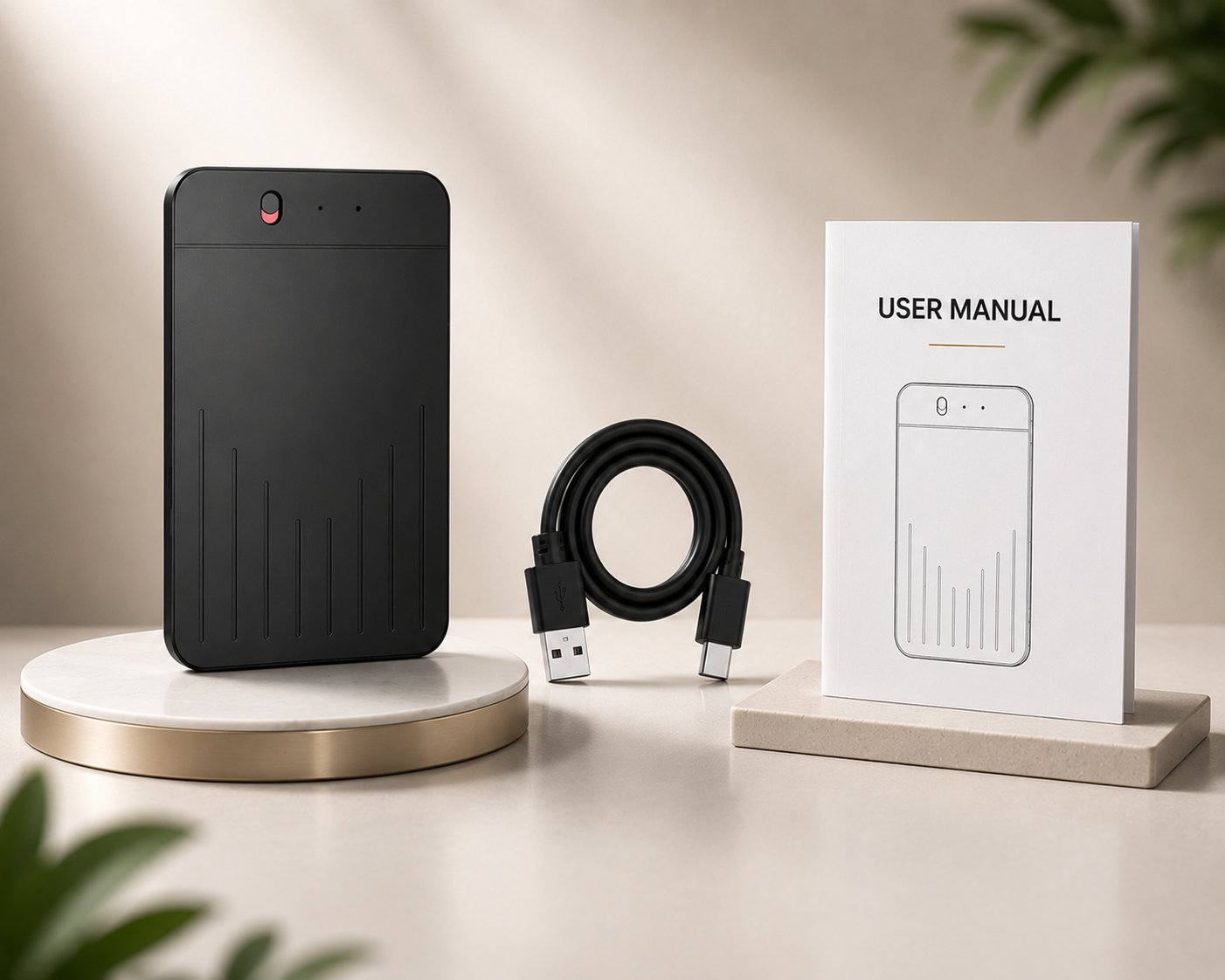 Contenuto della confezione del registratore vocale AI: dispositivo, cavo USB per la ricarica e manuale utente.