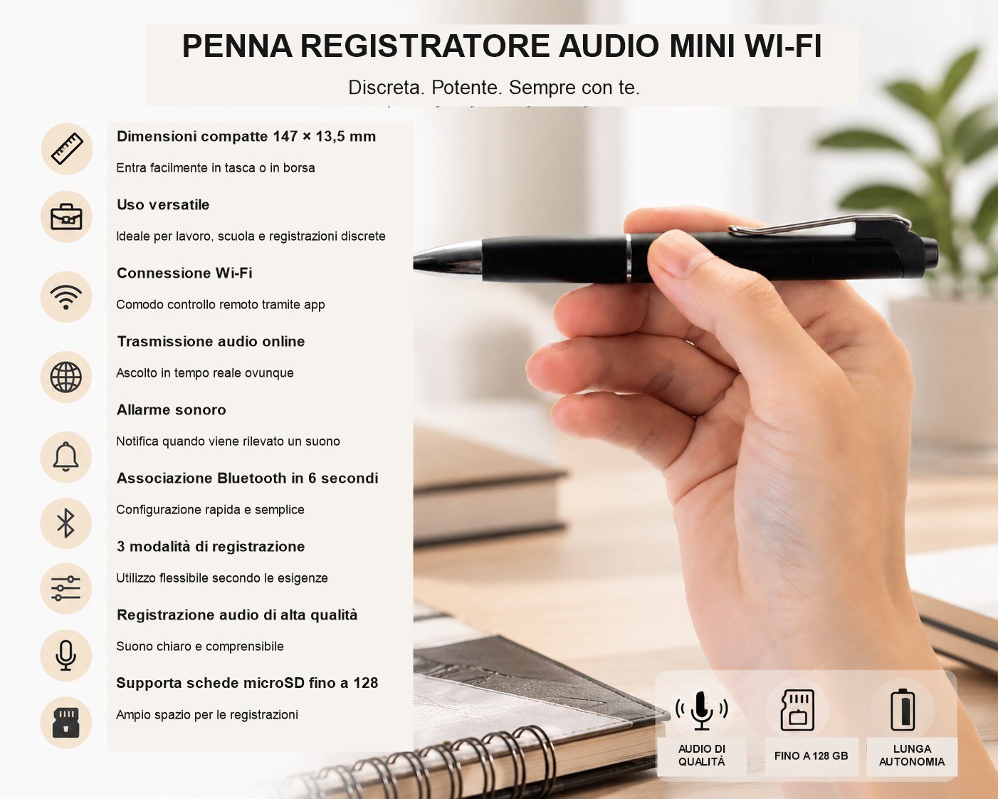 Mini dispositivo di ascolto Wi-Fi in una penna AR05 Connessione Wi-Fi e controllo remoto tramite app