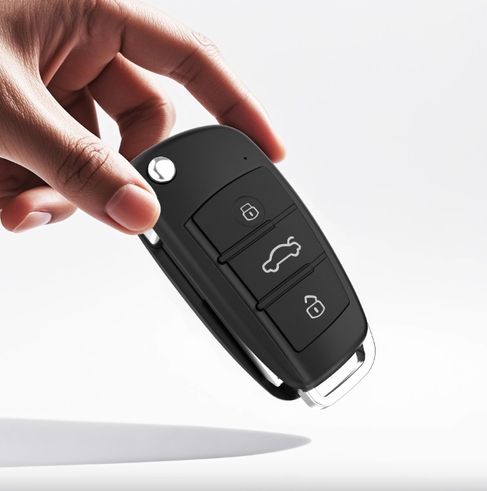 Chiave auto nera con telecamera nascosta in mano
