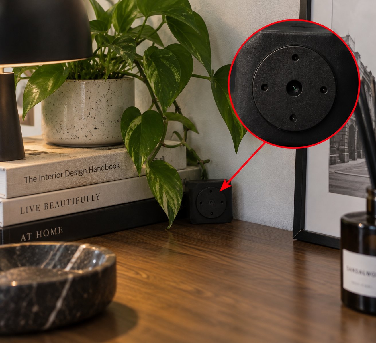 Mini telecamera nera nascosta in un bottone, posizionata discretamente all’interno di un’abitazione