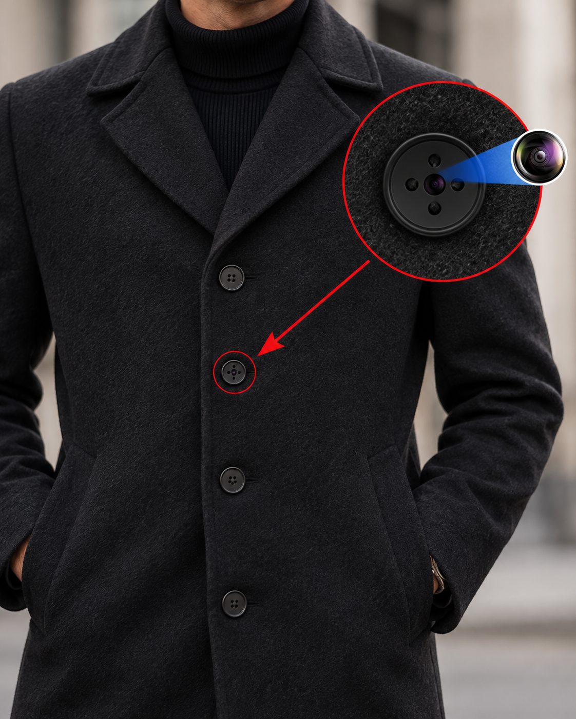 Mini telecamera nera nascosta in un bottone sul cappotto di un uomo