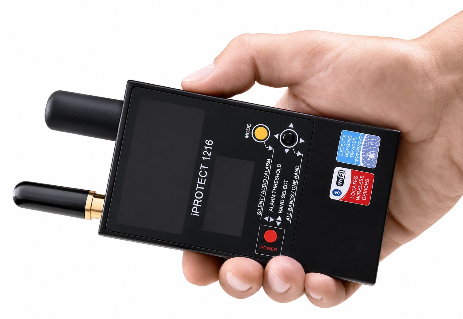 Rilevatore professionale di segnali wireless iProtect 1216 in mano