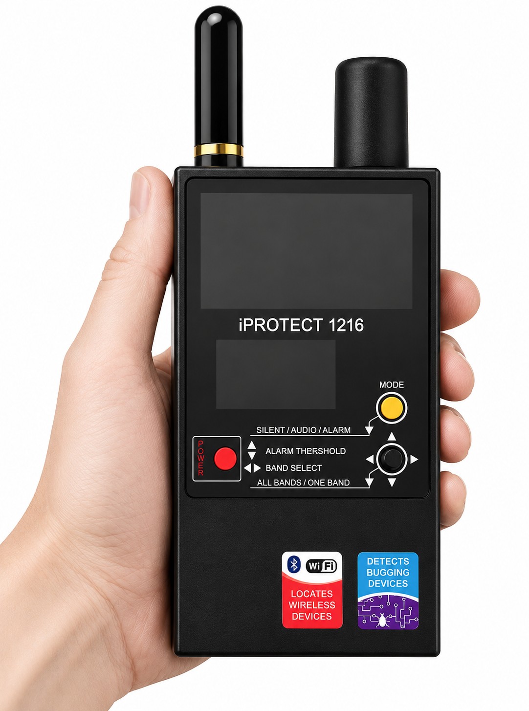 Rilevatore professionale di segnali wireless iProtect 1216 in mano