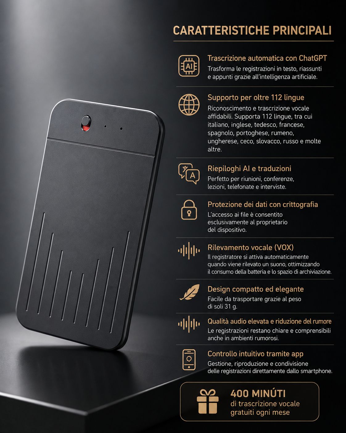 Registratore vocale AI con trascrizione tramite ChatGPT e applicazione mobile.
