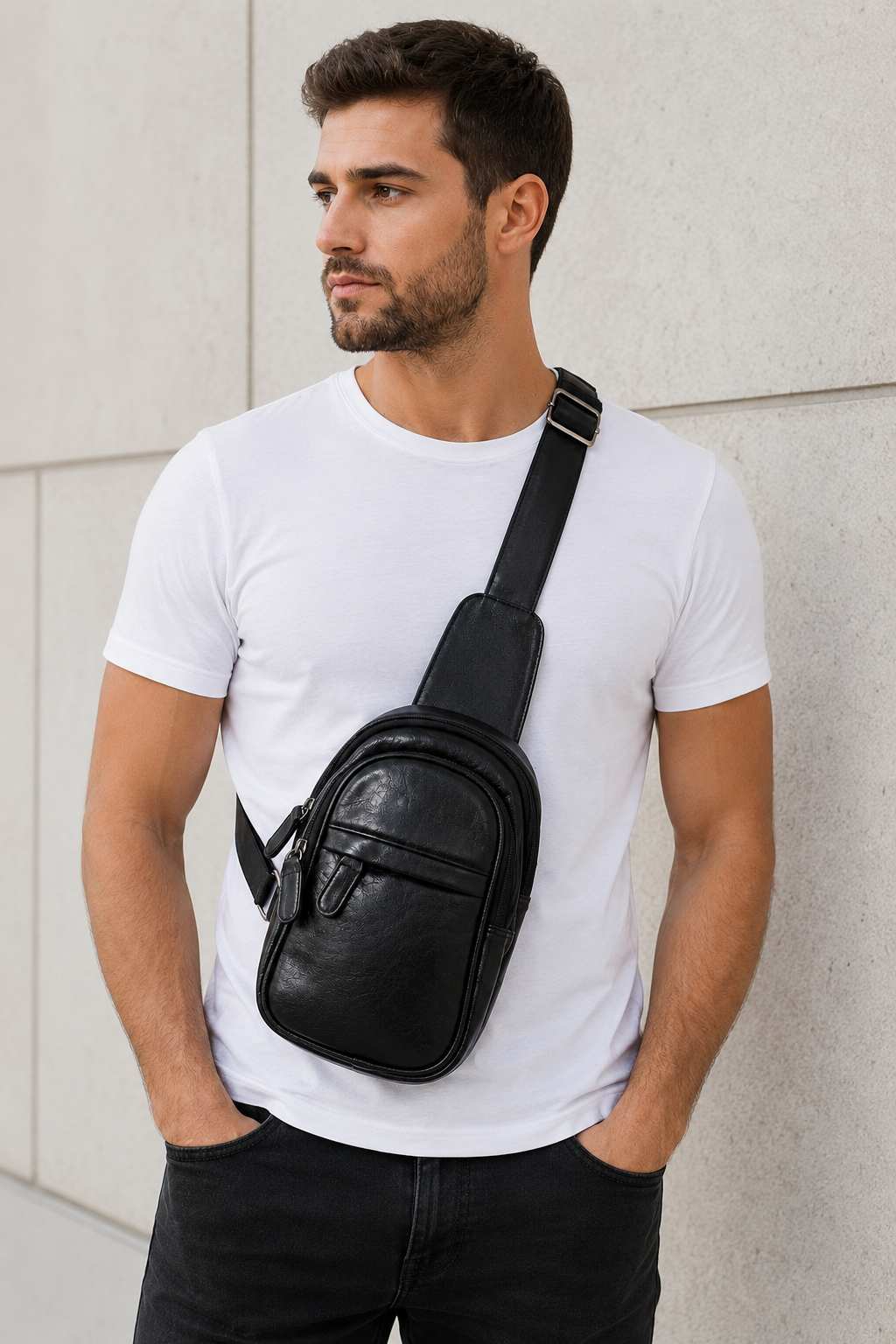 Muž v bielom trišku s čiernou crossbody taškou so skrytou kamerou