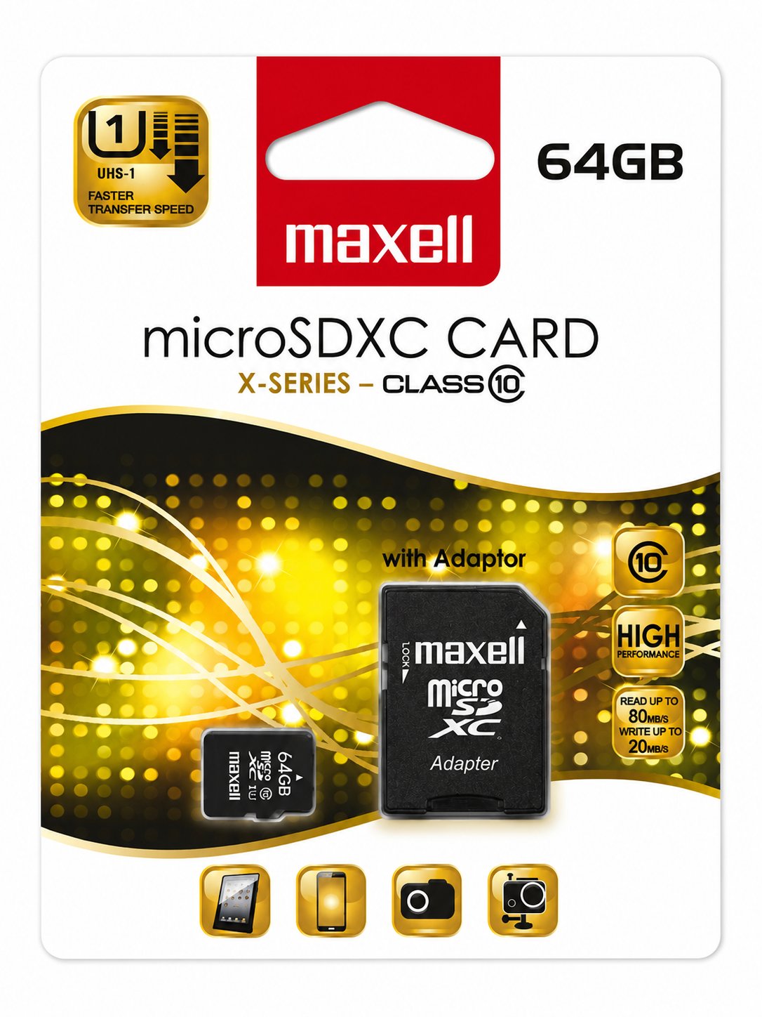 Scheda micro SDXC Maxell X-SERIES da 64 GB con adattatore SD, Class 10
