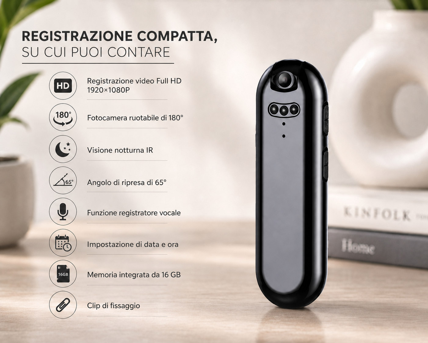 mini telecamera Full HD rotante con visione notturna IR e registratore vocale – 16 GB