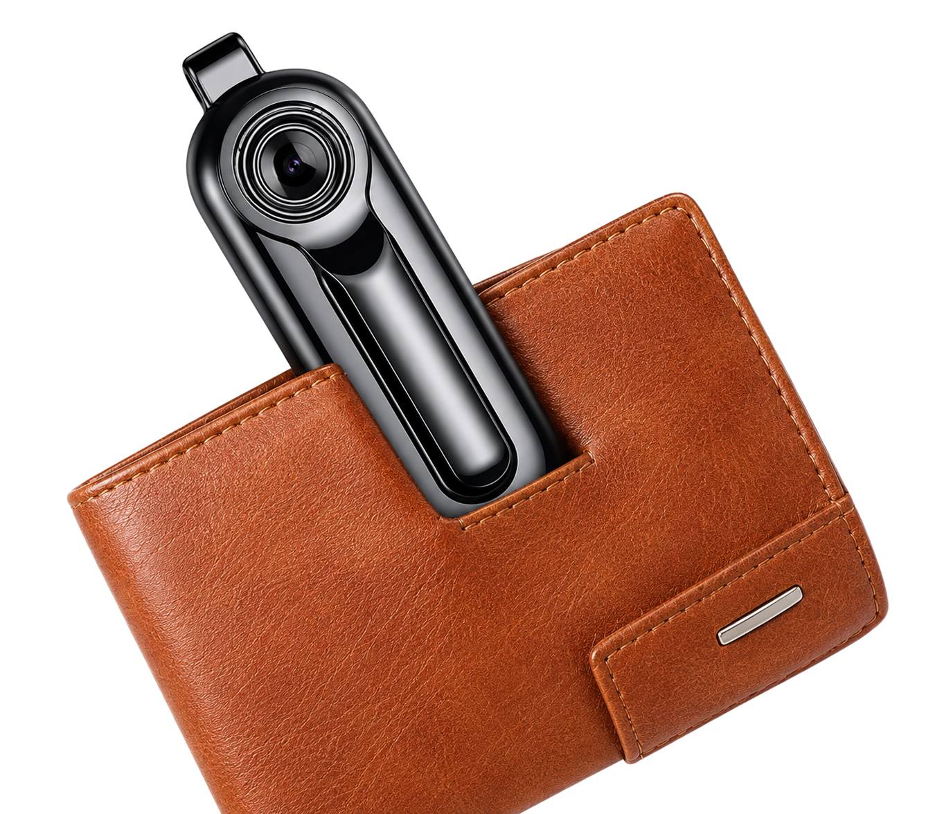 Mini videocamera nera a ciondolo nascosta in un portafoglio