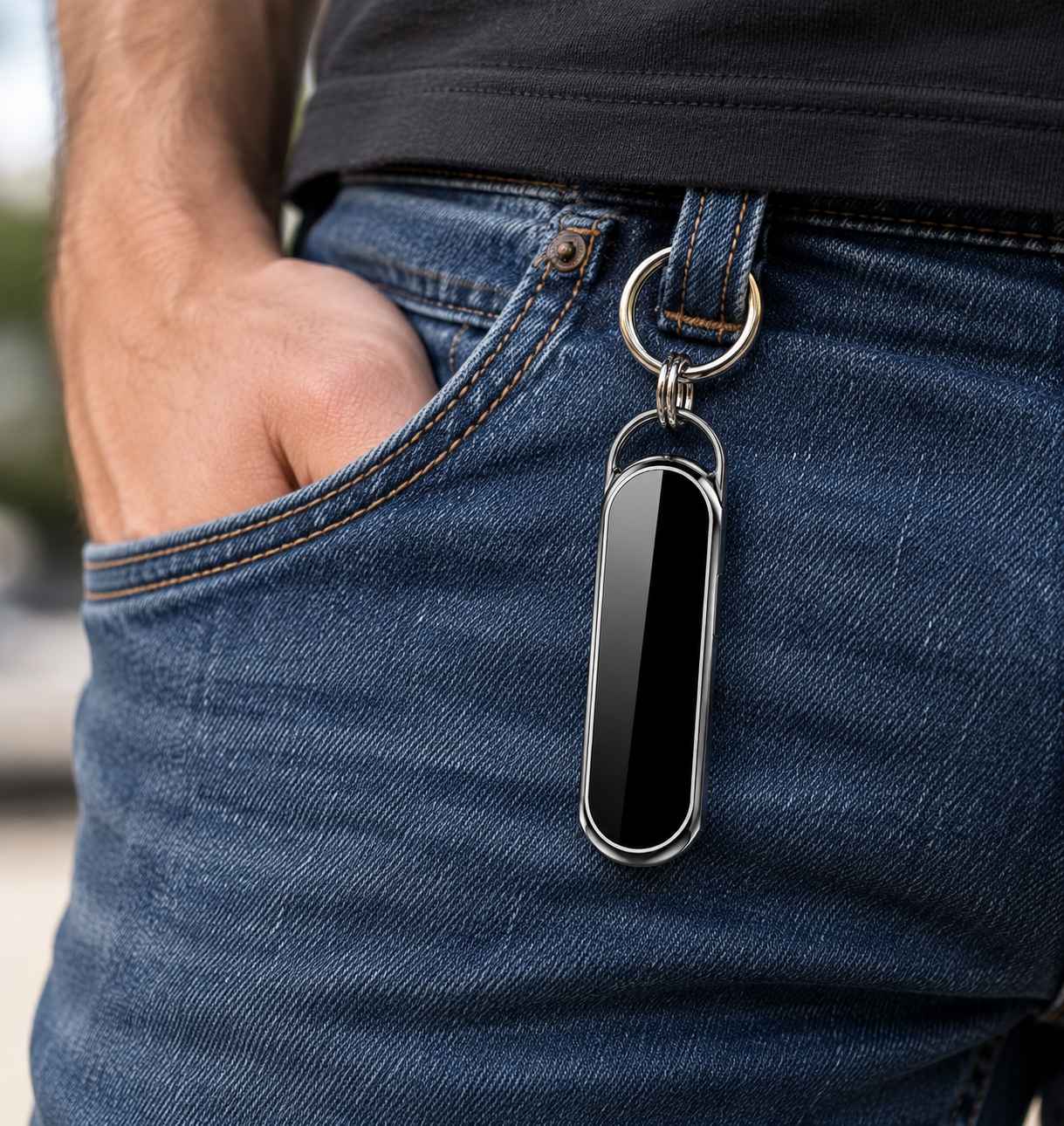 Microcamera nera in portachiavi fissata al passante dei pantaloni di un uomo