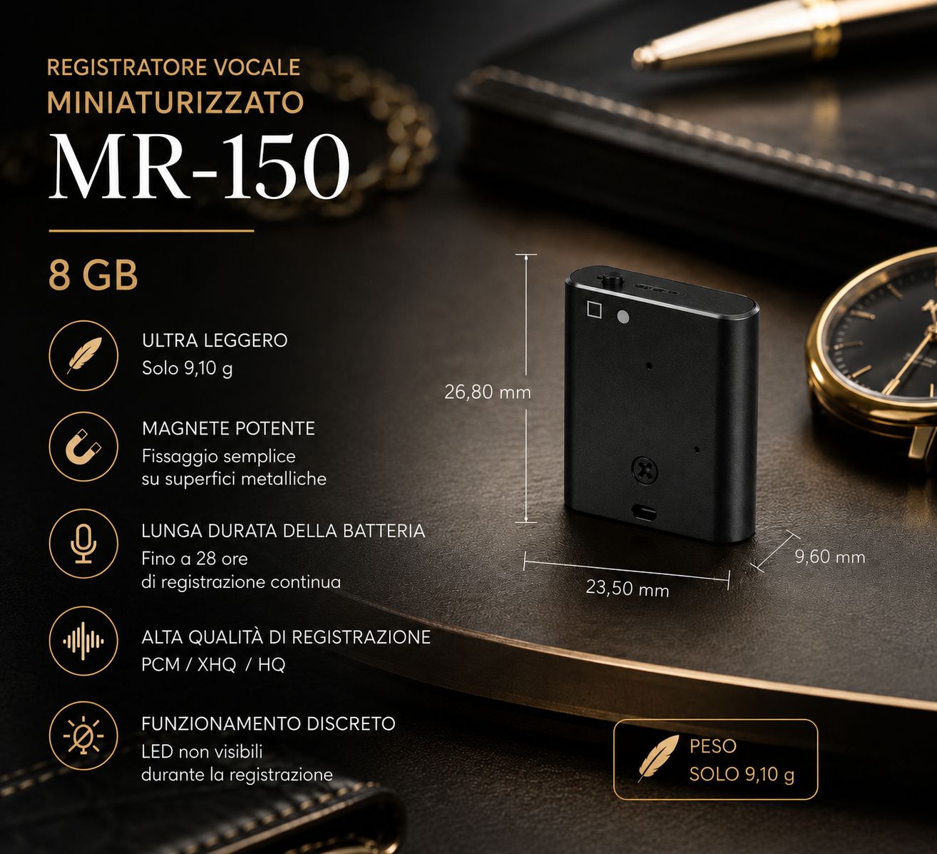 Registratore vocale miniaturizzato ESONIC MR-150 con dimensioni ultra compatte e memoria da 8 GB.