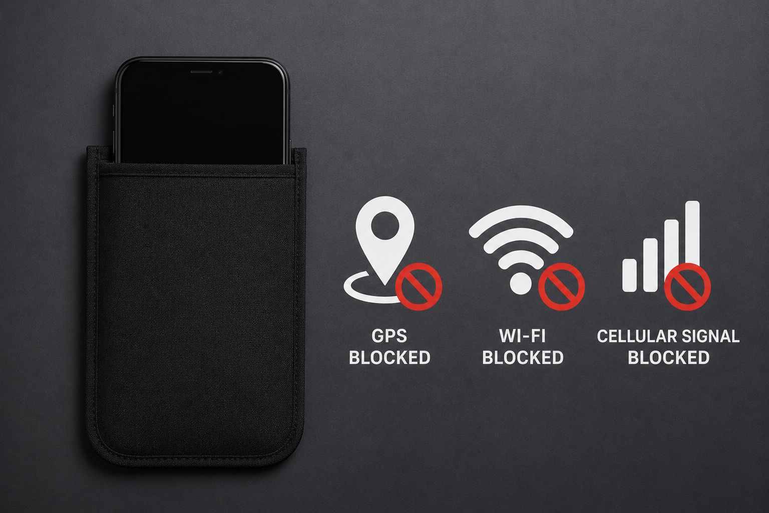 Telefono cellulare in una custodia protettiva che blocca GPS, Wi-Fi e segnale mobile.
