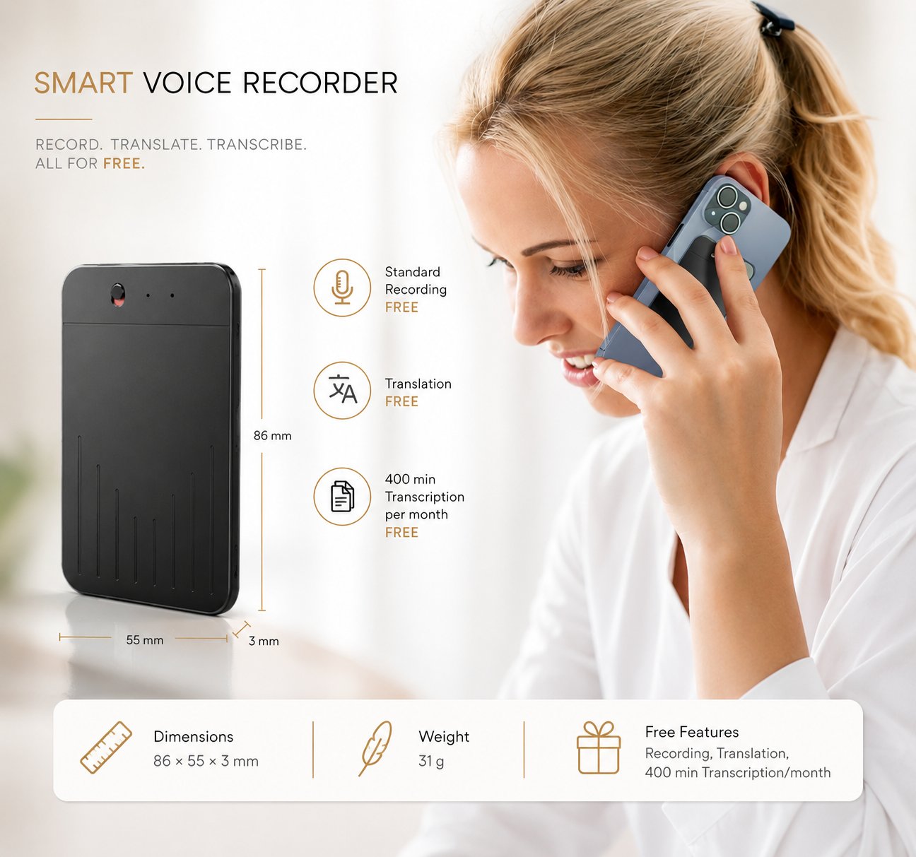 Registratore vocale AI con trascrizione da voce a testo, traduzione automatica e registrazione audio professionale.