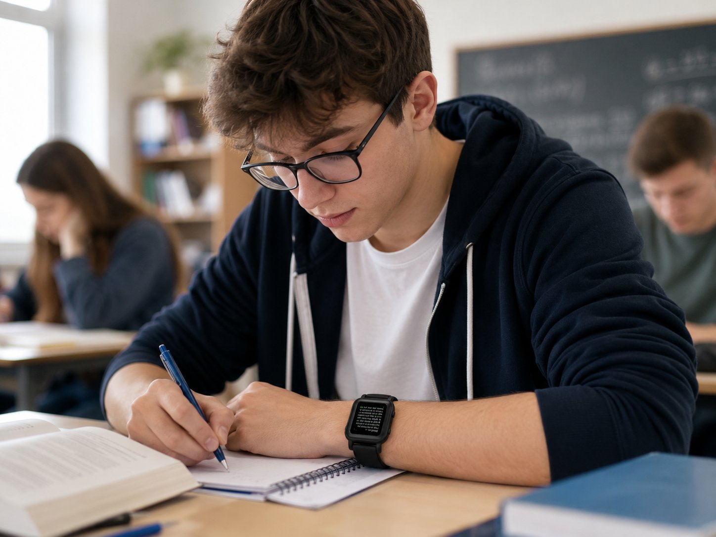 Studente seduto durante un esame con un orologio nero con promemoria
