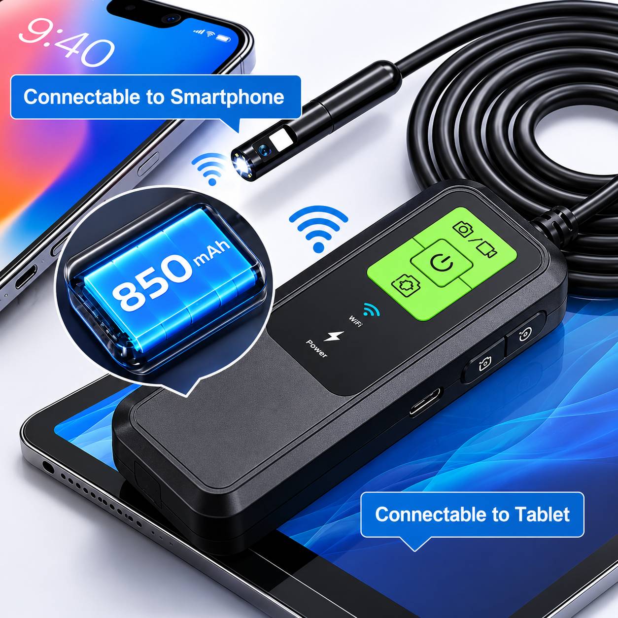 Connessione Wi-Fi della telecamera endoscopica a tablet o smartphone