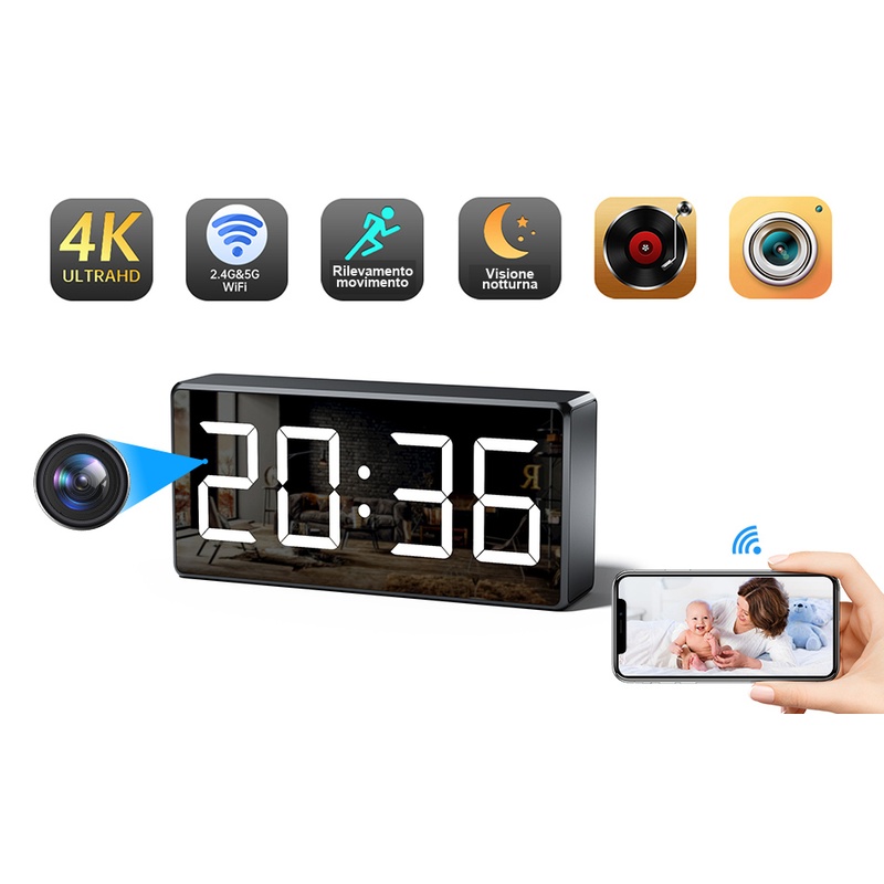 telecamera Wi-Fi 4K in orologio digitale