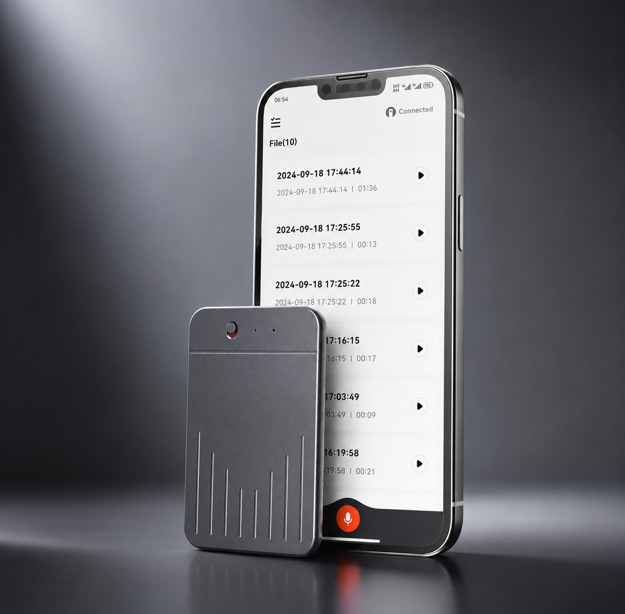 Registratore vocale compatto con applicazione mobile per la gestione e la riproduzione delle registrazioni audio.
